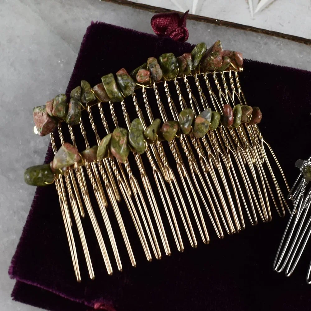 Unakite or Mixed Tourmaline Hair Comb
